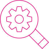 seo graphic icon, magnifying glass over a settings cog